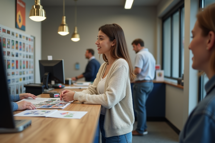 jeune-femme-cherche-timbres-poste Jeune femme cherche des timbres à la poste moderne