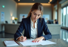 Accélérer délai passeport : astuces pratiques pour obtenir rapidement votre document officiel Jeune femme en blazer remplit un formulaire de passeport