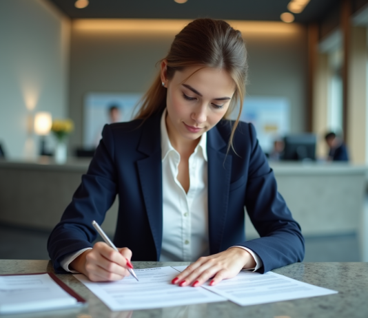 Accélérer délai passeport : astuces pratiques pour obtenir rapidement votre document officiel Jeune femme en blazer remplit un formulaire de passeport