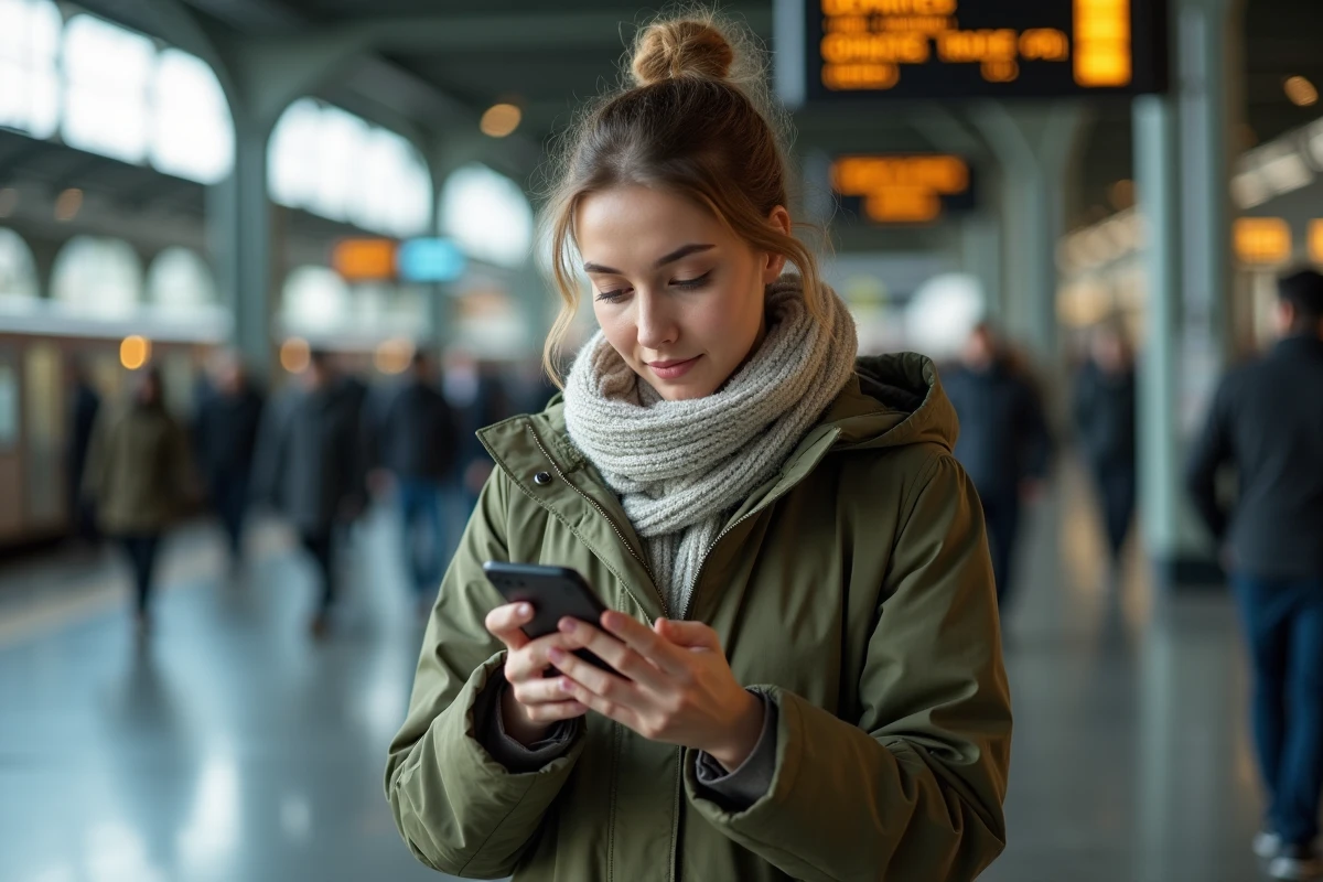 Jeune femme planifiant son itinéraire multimodal avec Mappy dans une gare