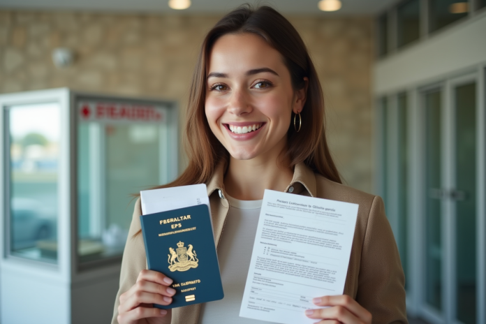 jeune-femme-passeport-gibraltar Jeune femme souriante avec passeport Gibraltar en intérieur