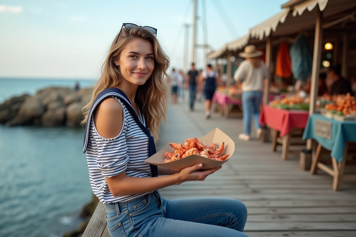 Jeune femme dégustant des fruits de mer sur le quai de Cotinière