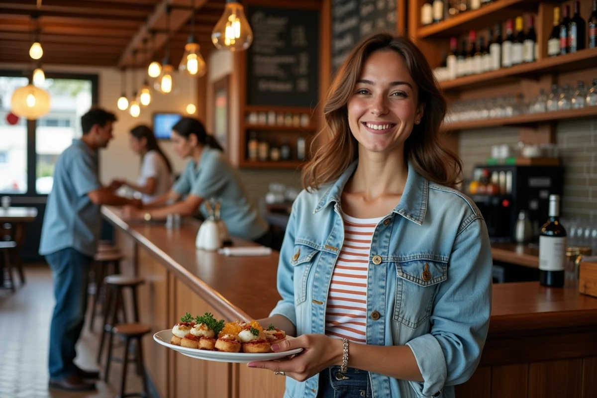 Jeune femme dégustant des tapas au bar à Dancharia