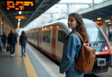 Jeune femme avec sac à dos près d’un train moderne en gare