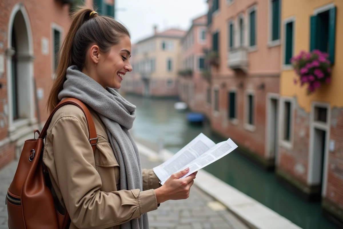 Jeune femme souriante à Venise avec carte et pont ancien
