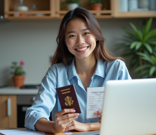 Jeune femme souriante tenant son visa et passeport