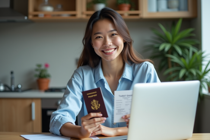 jeune-femme-visage-souriant-passeport Jeune femme souriante tenant son visa et passeport