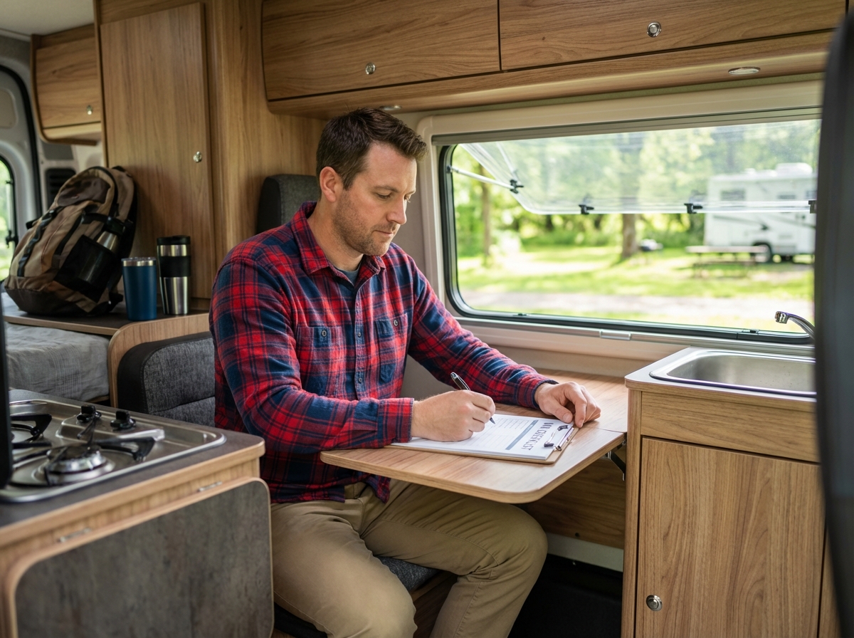 Jeune homme écrit une liste dans un van de camping