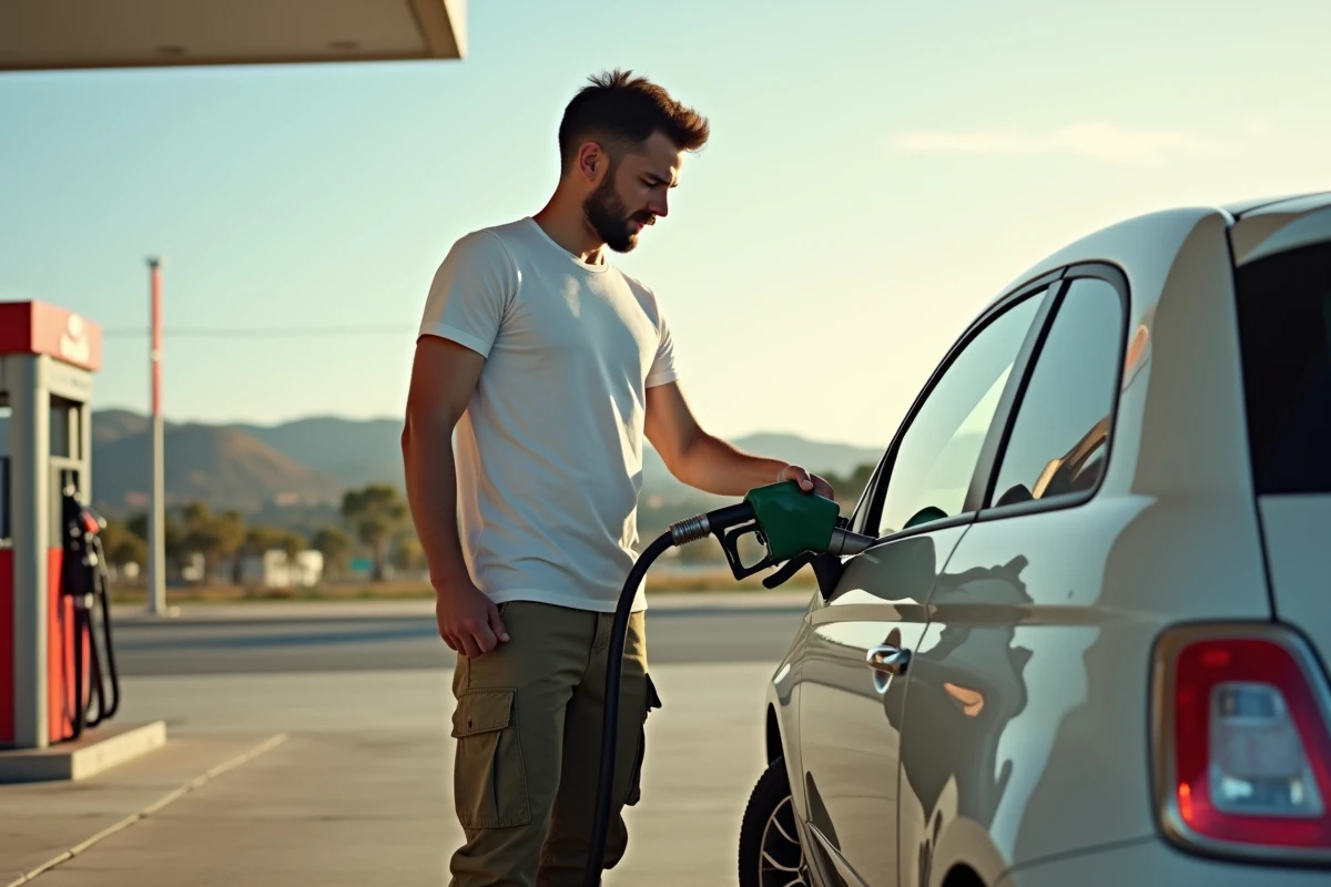 Jeune homme faisant le plein sur une station essence