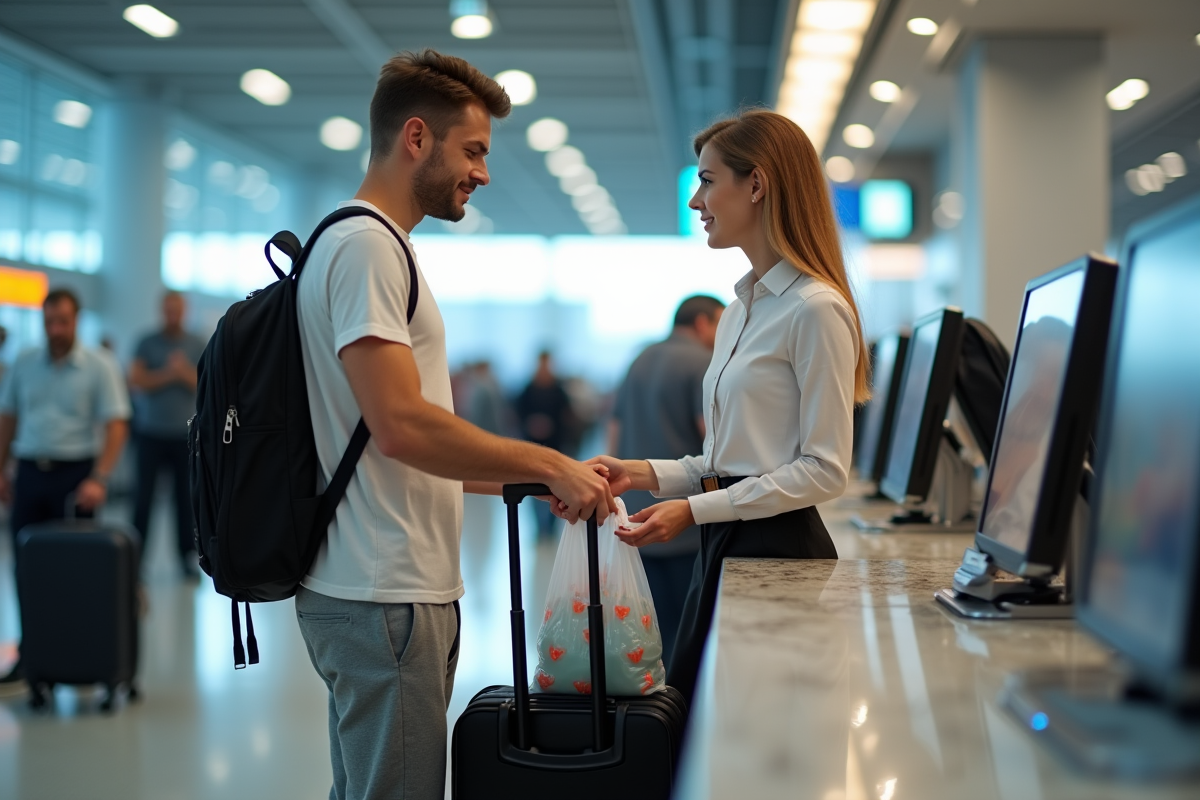 Jeune homme remettant ses bagages à un agent d