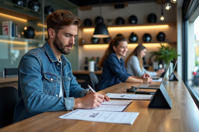 jeune-homme-signature-location-moto Jeune homme signant un contrat de location de moto en France