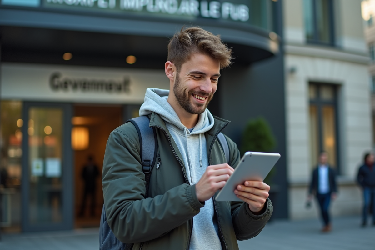 Jeune homme dehors vérifiant son tablet devant un bâtiment