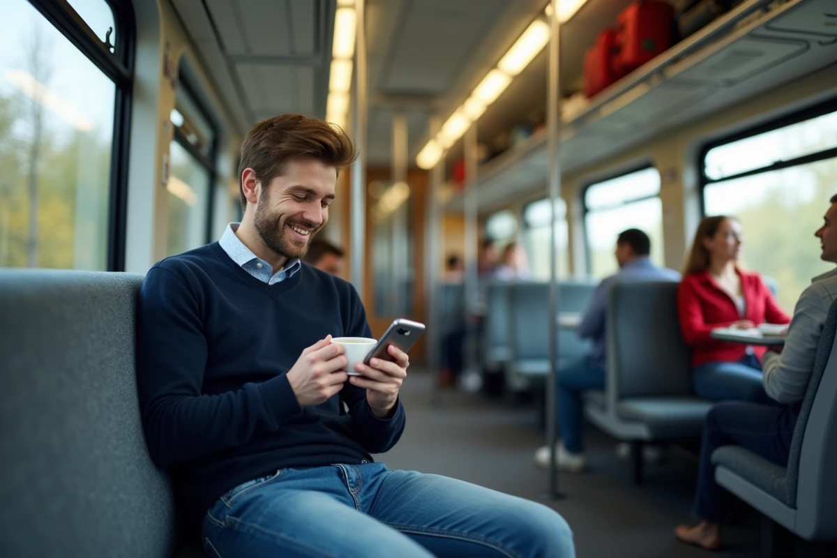 Jeune homme détendu dans un train buvant un café