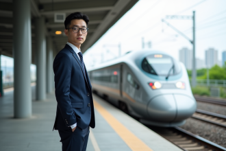 Jeune homme asiatique en costume sur une plateforme de train