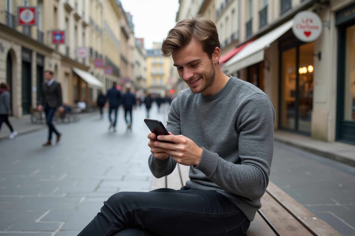 Jeune homme avec carte sur smartphone dans une place d