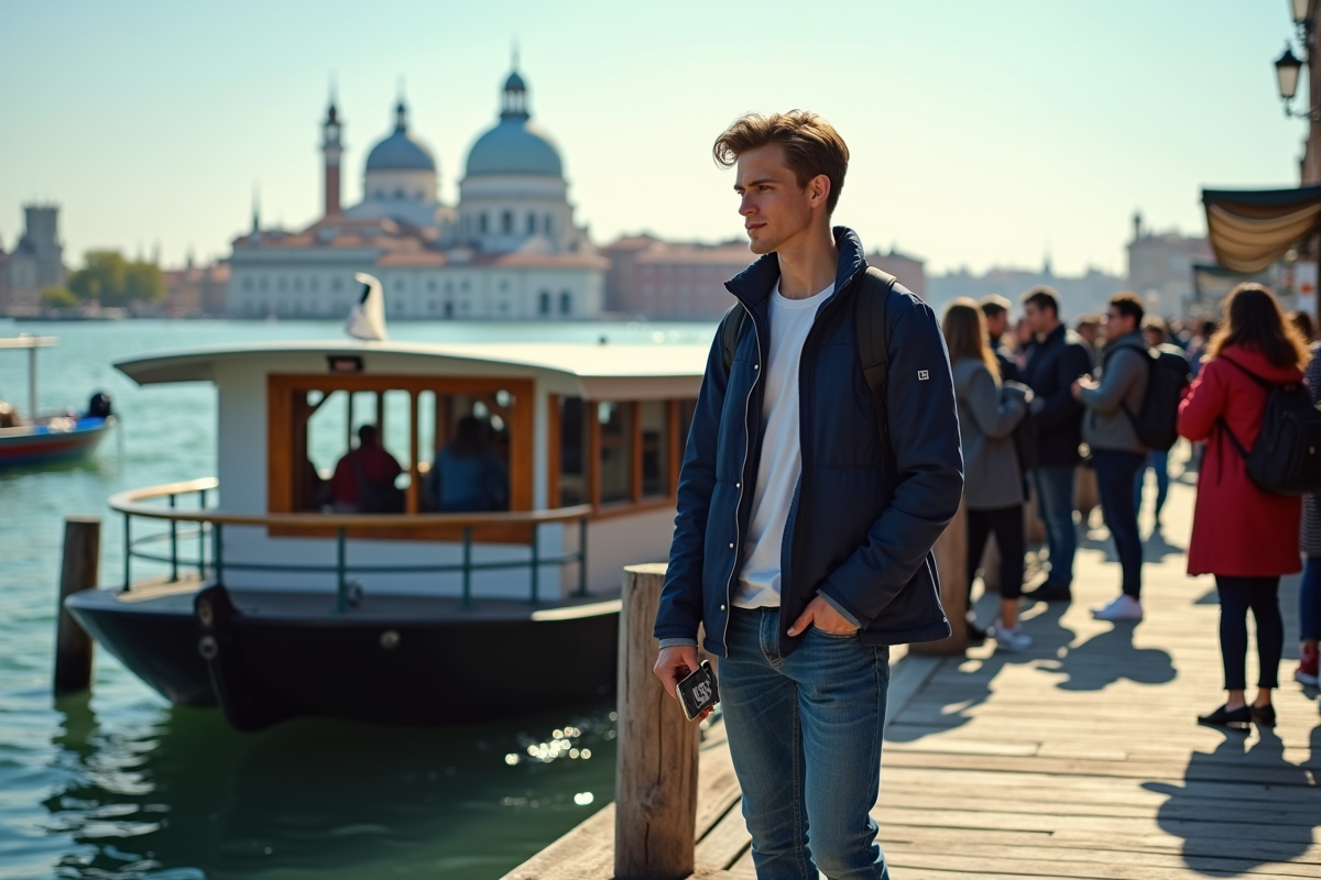 Jeune homme attendant au quai de vaporetto à Venise
