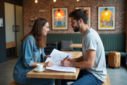 Jeune femme et homme discutant plans architecturaux dans un hostel