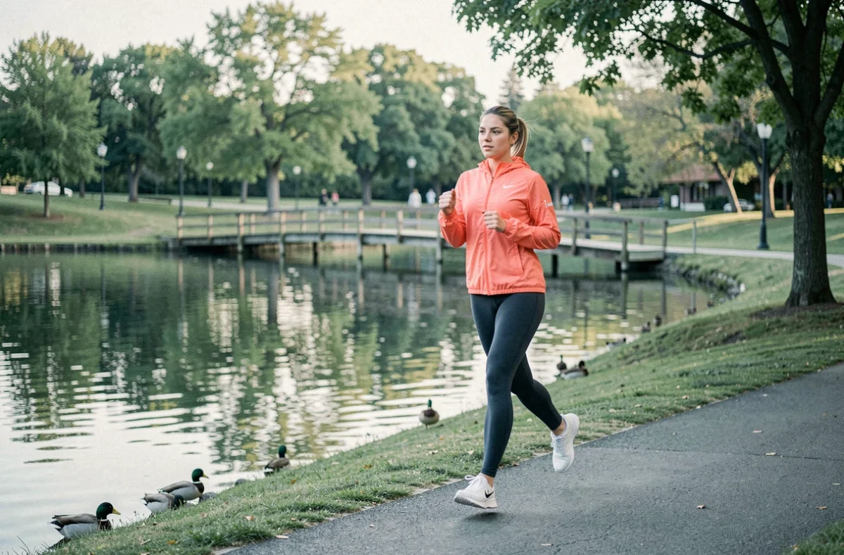 Jeune femme faisant du jogging au bord du lac Meadow Lake dans le parc de Corona à Queens