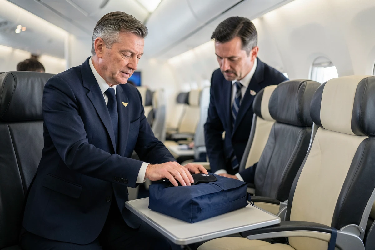 Hôtesse de l'air disposant un kit sommeil sur siège business class lors d'un vol de nuit French bee