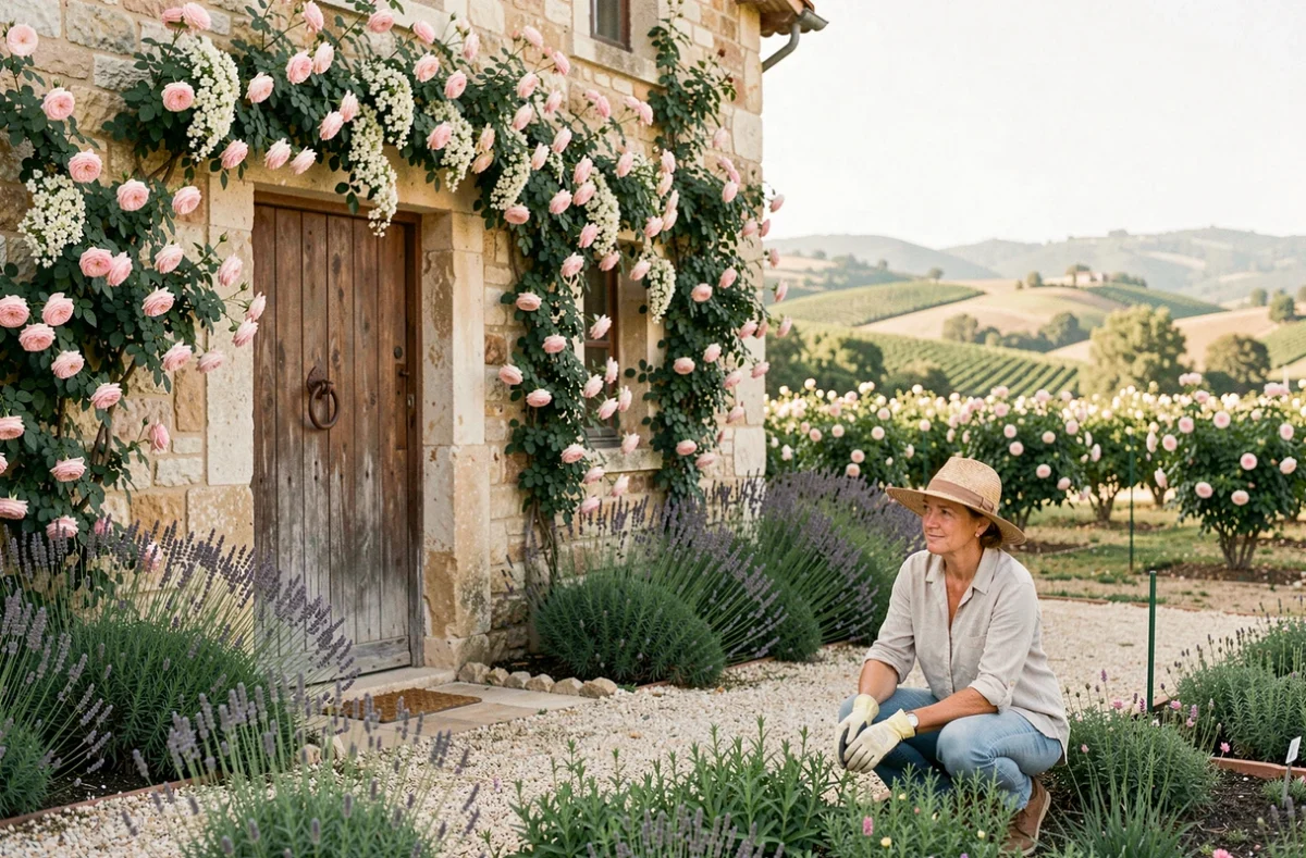 Mas en pierre de La Parare en pays grassois avec jardins de roses et sentier de lavande