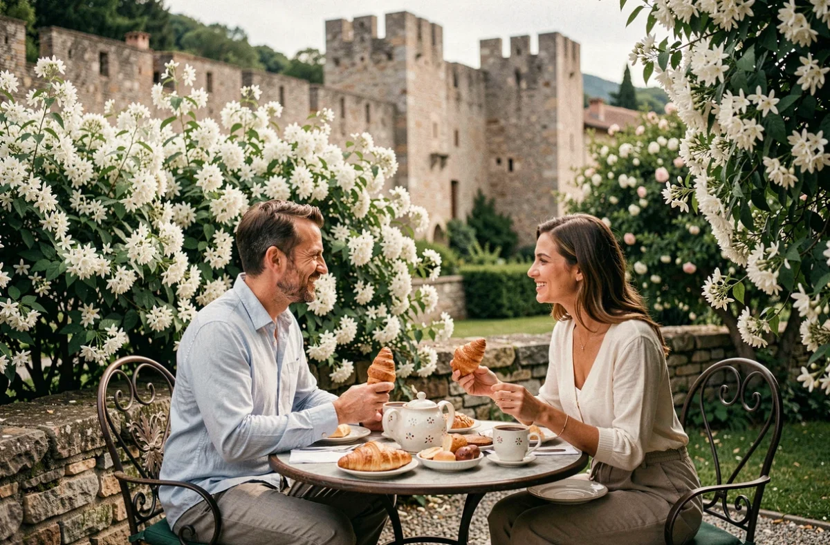 Jardin de jasmin en fleurs aux Jasmins à Saint-Paul-de-Vence avec petit-déjeuner en terrasse pour deux
