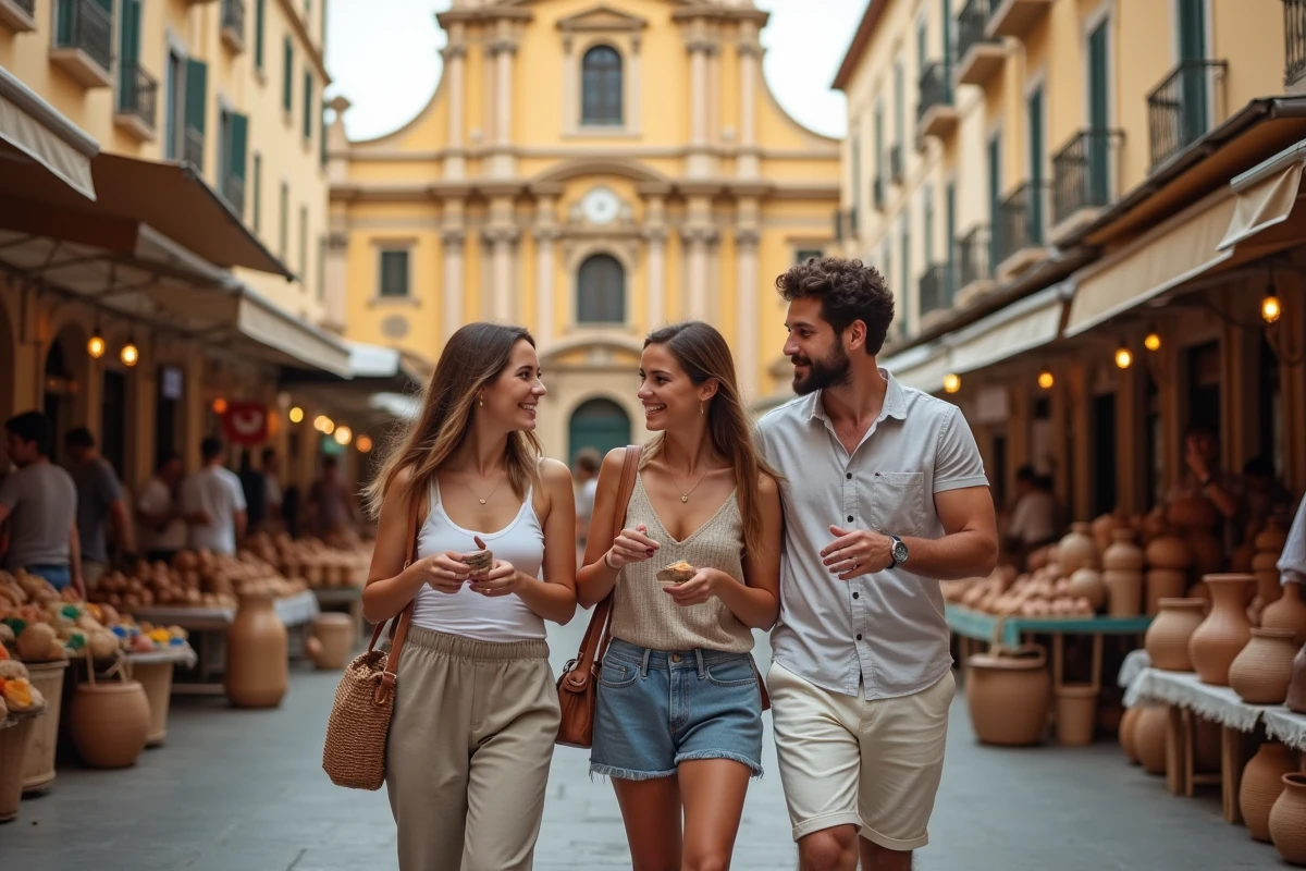 Groupe de voyageurs explorant un marché artisanal en plein air dans le centre historique de Lecce
