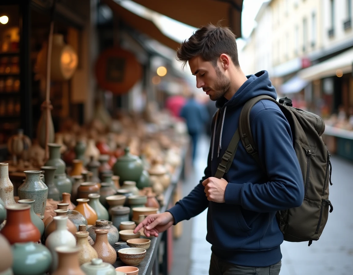 Homme explorant les étals du marché aux puces de la Place du Jeu de Balle dans le quartier des Marolles à Bruxelles