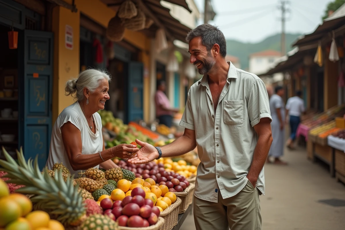 Homme au marché local de Saint-Paul à La Réunion, découverte de fruits exotiques créoles lors d'une sortie à petit budget