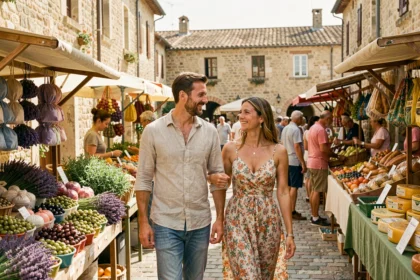 Couple se promenant dans un marché provençal coloré du Vaucluse, entre étals de lavande et produits locaux