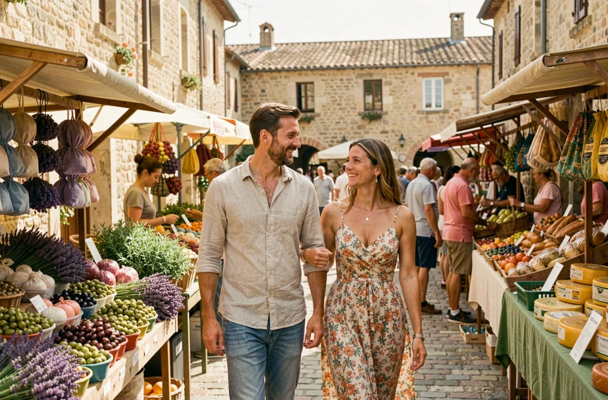 Couple se promenant dans un marché provençal coloré du Vaucluse, entre étals de lavande et produits locaux