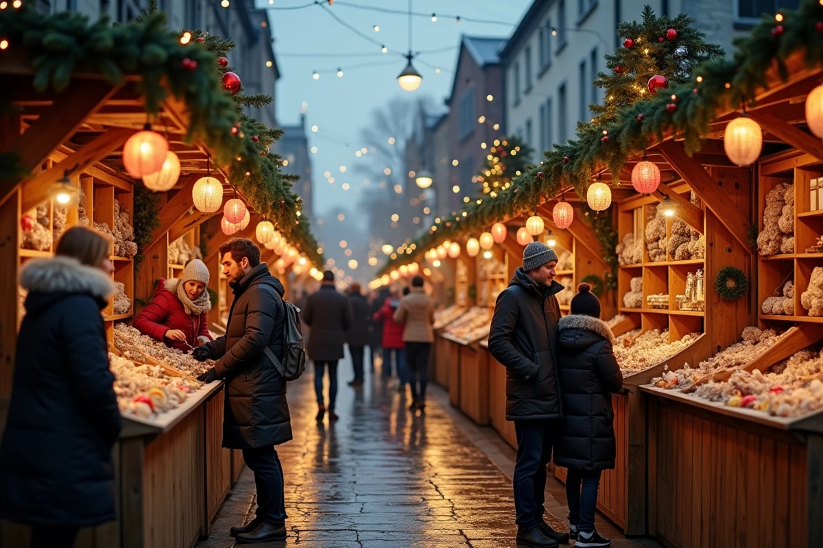 Marché de Noël animé à Dublin avec chalets en bois décorés, famille en manteaux d'hiver et stands artisanaux fumants de cidre chaud