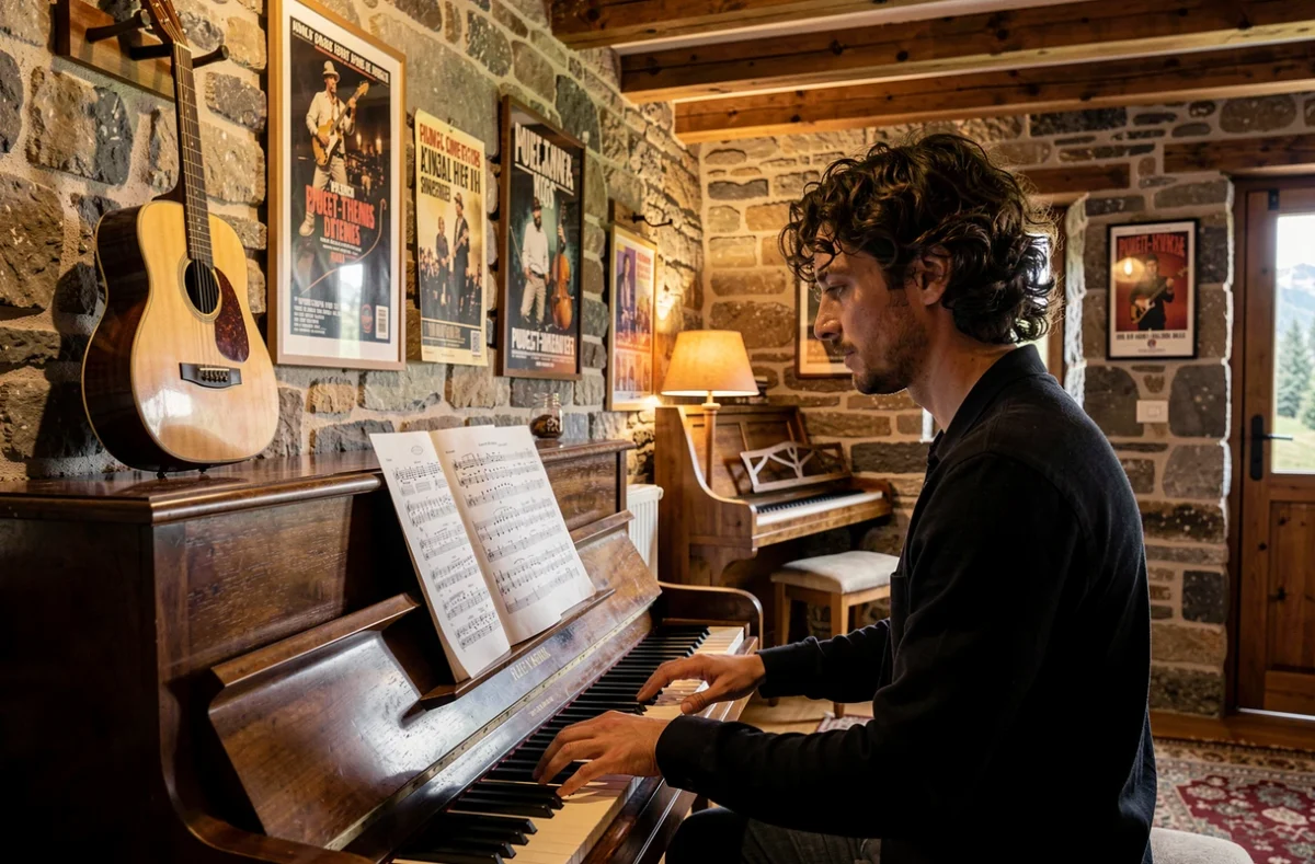 Chambre thématique musicale du Mas des Music'Arts à Puget-Théniers avec piano et guitare sur mur en pierre