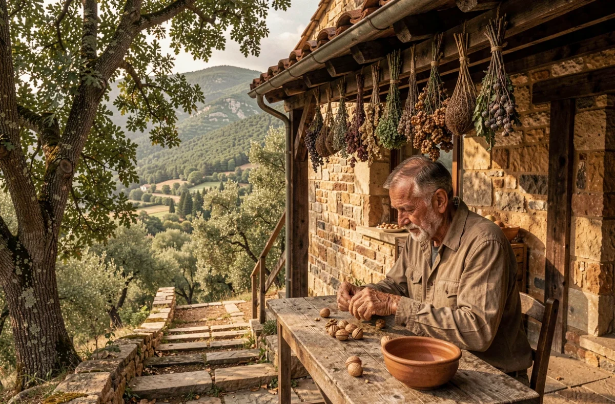 Mas en pierre du Mas du Naoc dans l'arrière-pays niçois avec terrasse en bois et forêt de chênes environnante