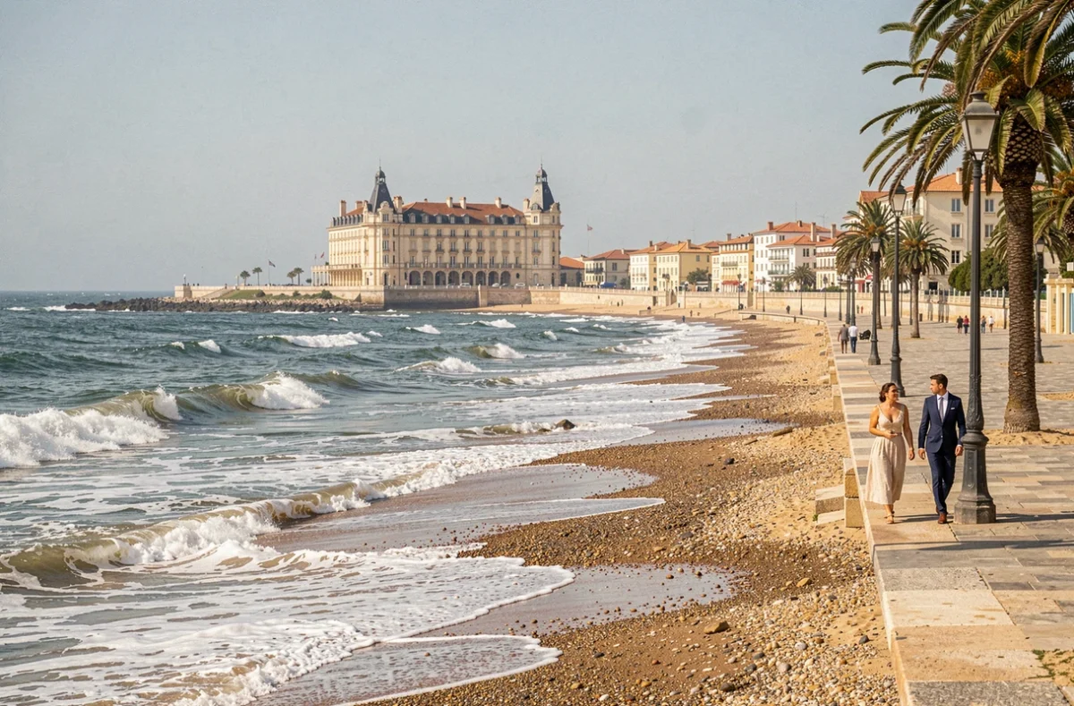 Vue panoramique d'un hôtel en bord de mer sur la côte Nouvelle-Aquitaine avec des vagues atlantiques et une promenade animée