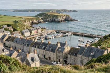 Vue panoramique d'un village côtier breton avec port de plaisance, bâtiments en granit et falaises de l'Ille-et-Vilaine