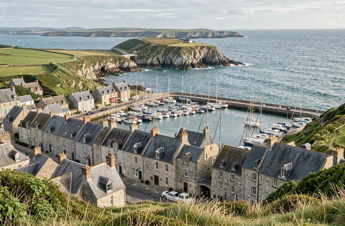 Vue panoramique d'un village côtier breton avec port de plaisance, bâtiments en granit et falaises de l'Ille-et-Vilaine