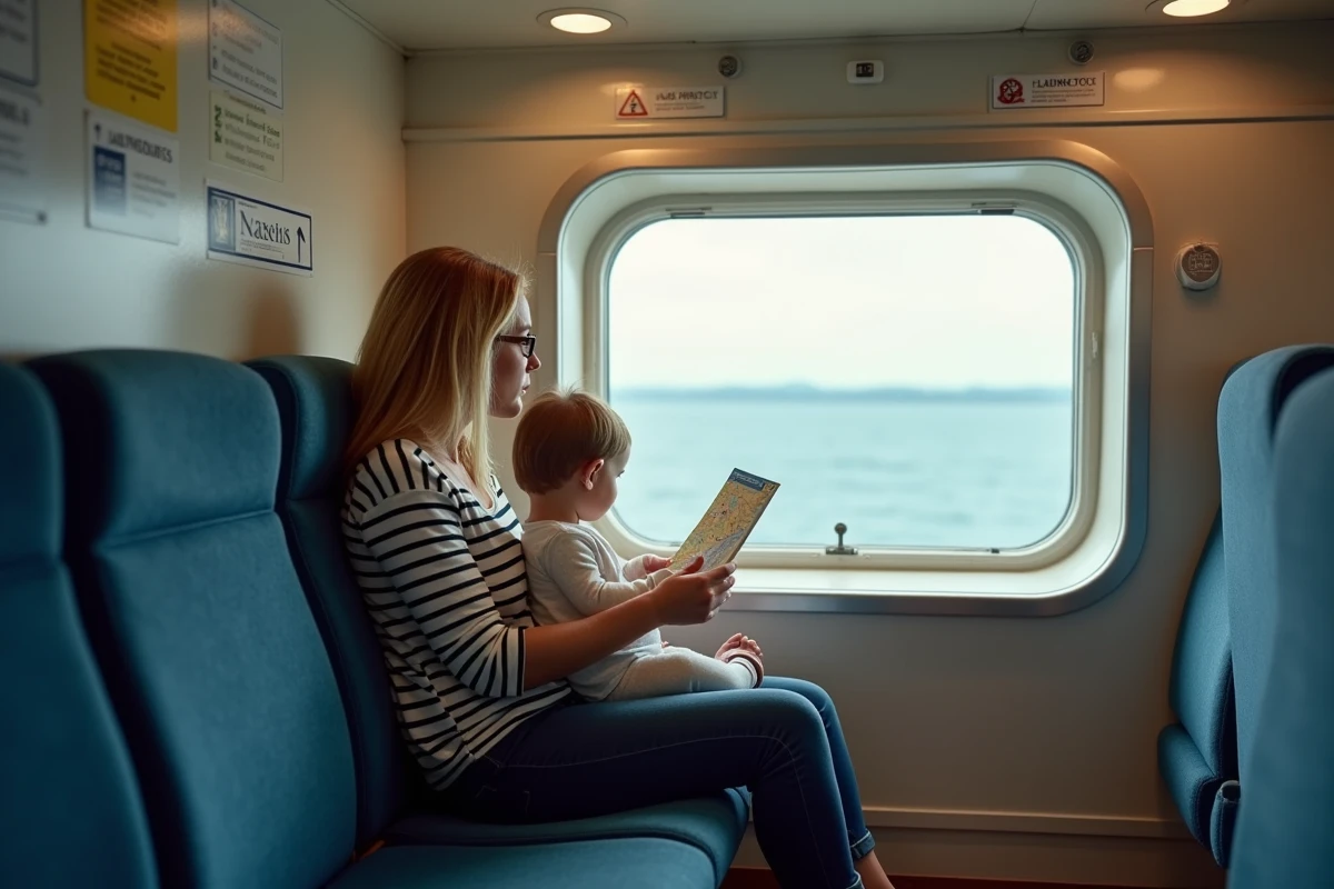 Mère et enfant assis dans la cabine du ferry avec vue sur la mer par le hublot, carte de l'île de Groix à la main
