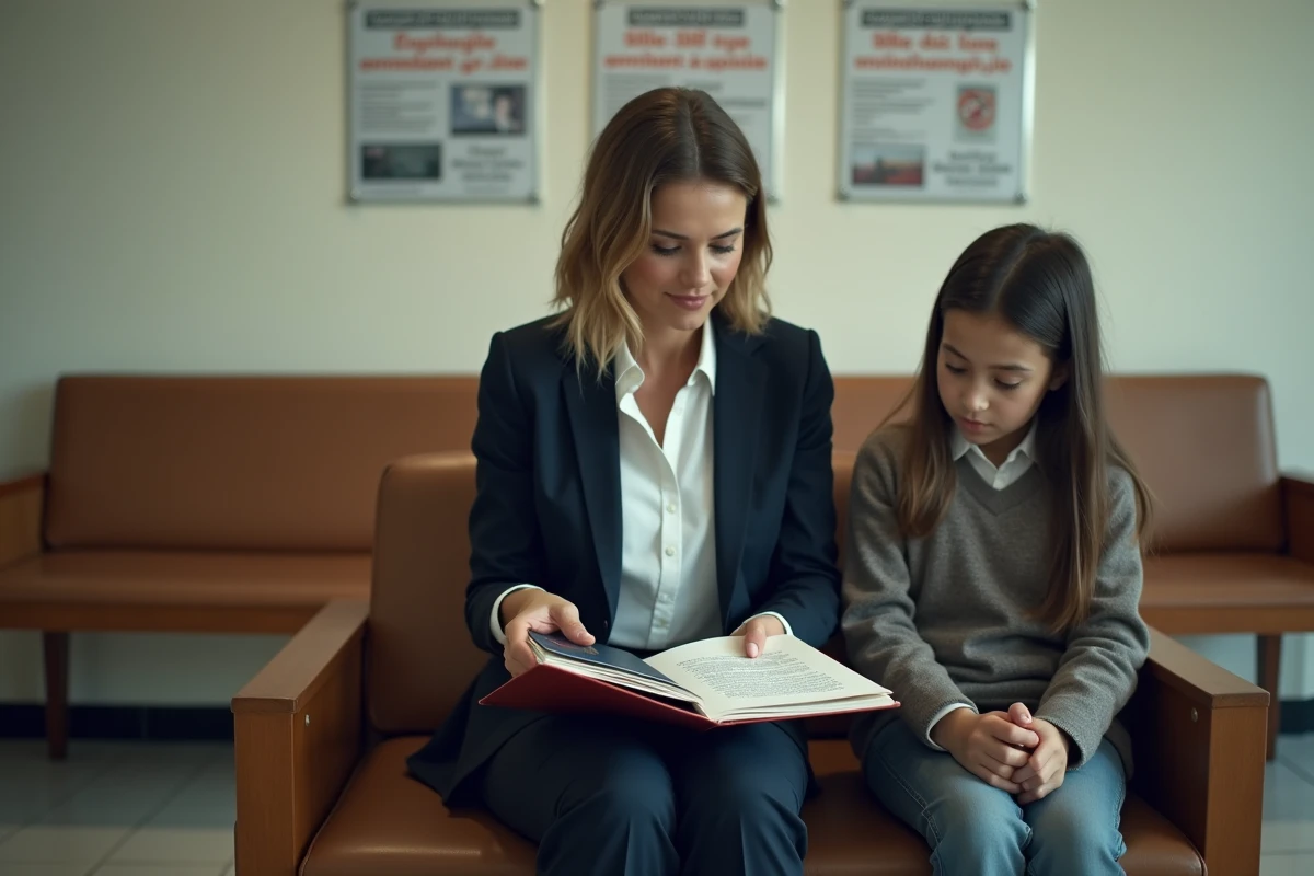Mère et enfant mineur en salle d'attente consulaire au Maroc révisant des documents officiels de voyage