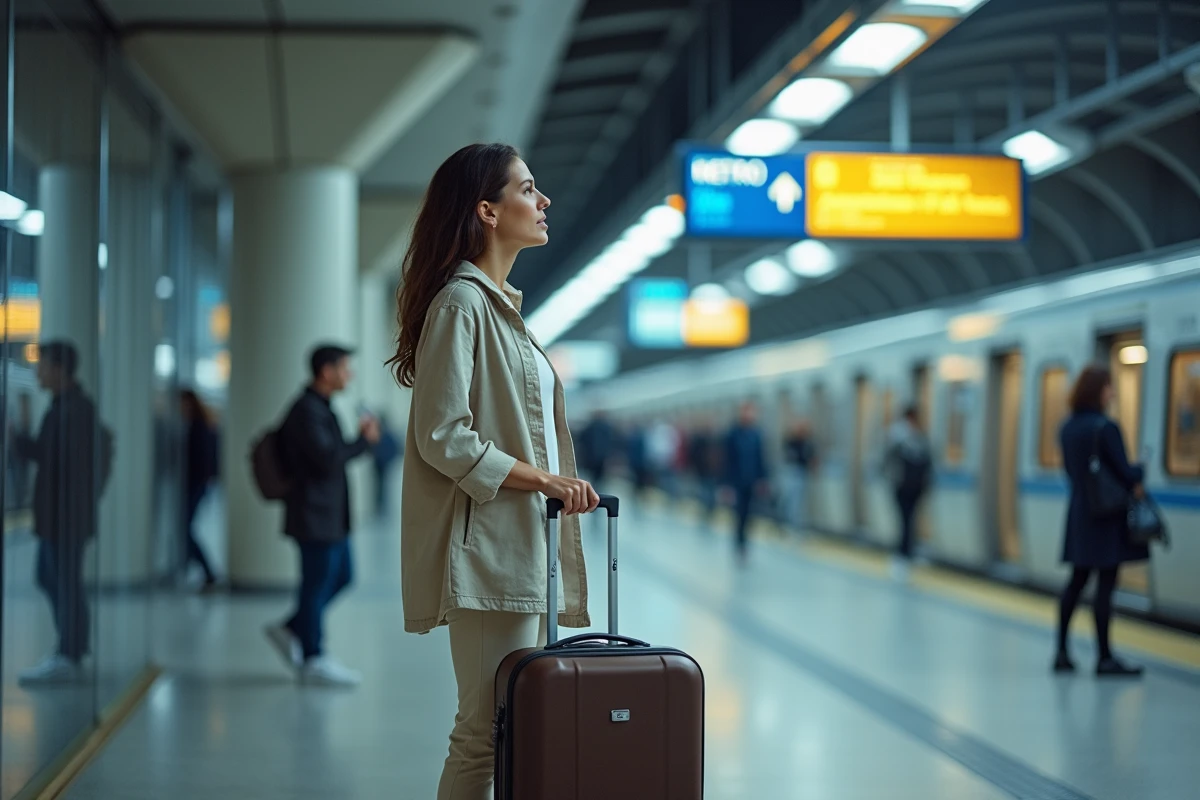 Voyageuse consultant le plan du métro à l'aéroport de Madrid Barajas pour rejoindre le centre-ville de manière éco-responsable