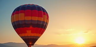 Montgolfière au lever du soleil avec équipage prêt à décoller