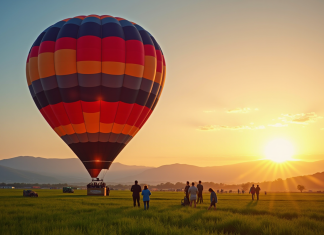 Montgolfière au lever du soleil avec équipage prêt à décoller