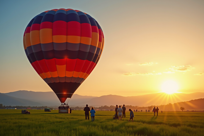 Montgolfière au lever du soleil avec équipage prêt à décoller