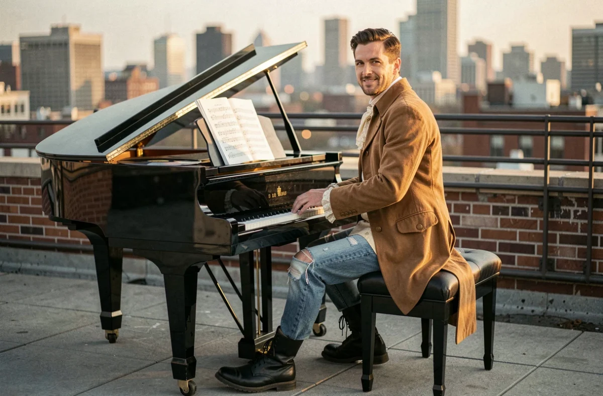 Musicien en habit baroque modernisé jouant du piano à queue sur un toit urbain avec partition classique et disque vinyle