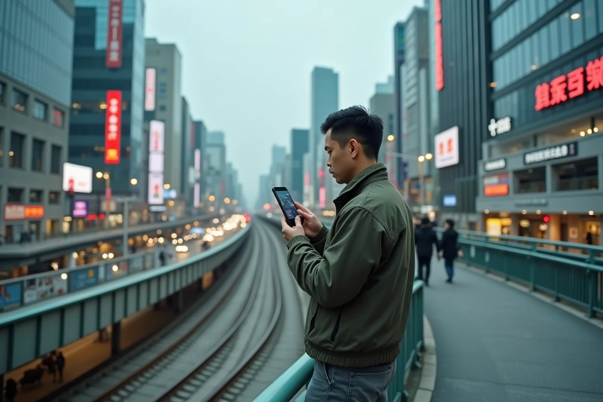 Homme consultant une application de navigation urbaine sur un pont piéton à Shibuya, Tokyo
