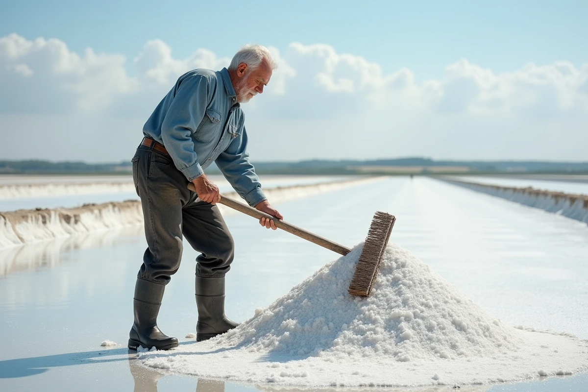 Paludier récoltant le sel à la main dans les marais salants de Guérande avec son outil traditionnel