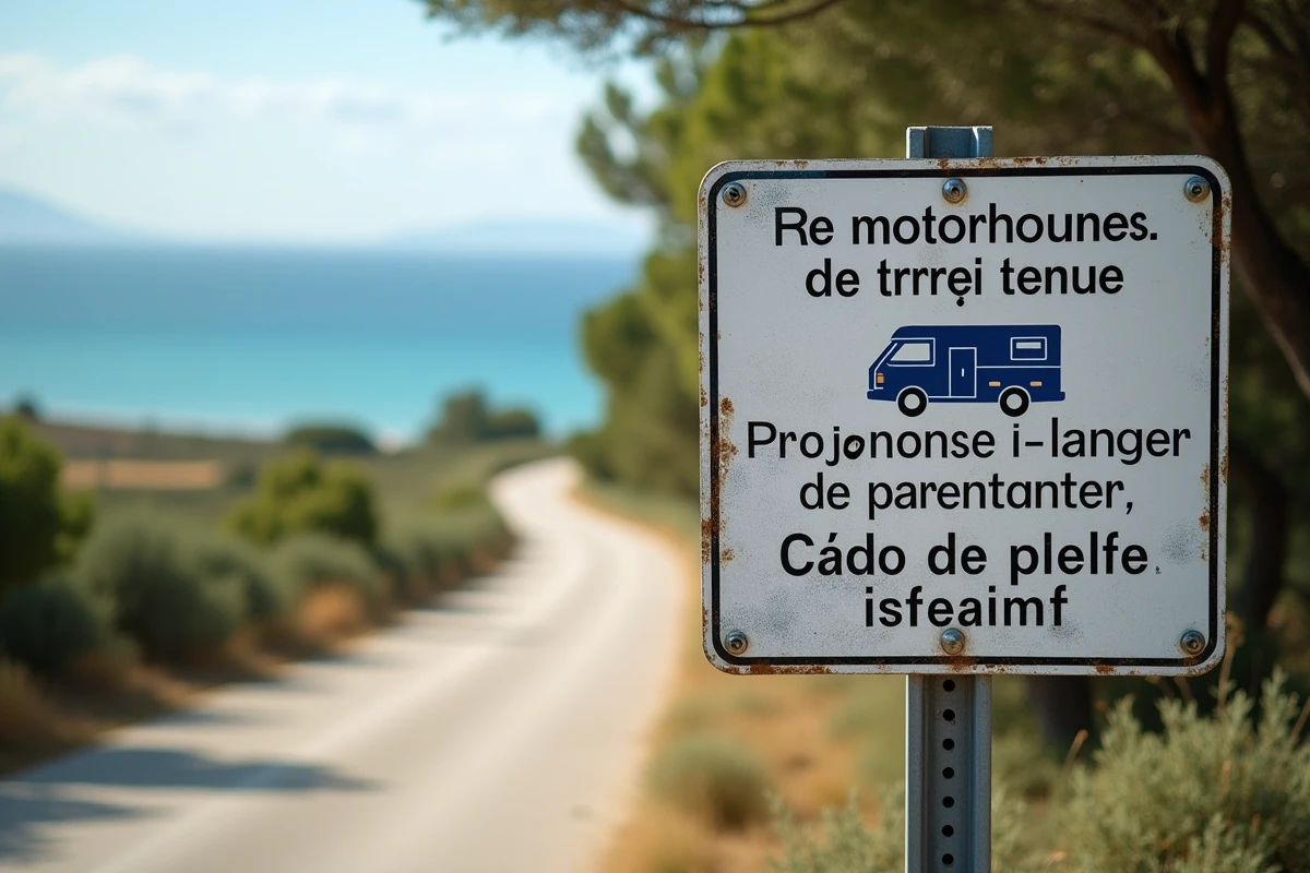Panneau de réglementation pour stationnement de camping-cars dans une rue du village de Leucate avec vue sur l'étang en arrière-plan