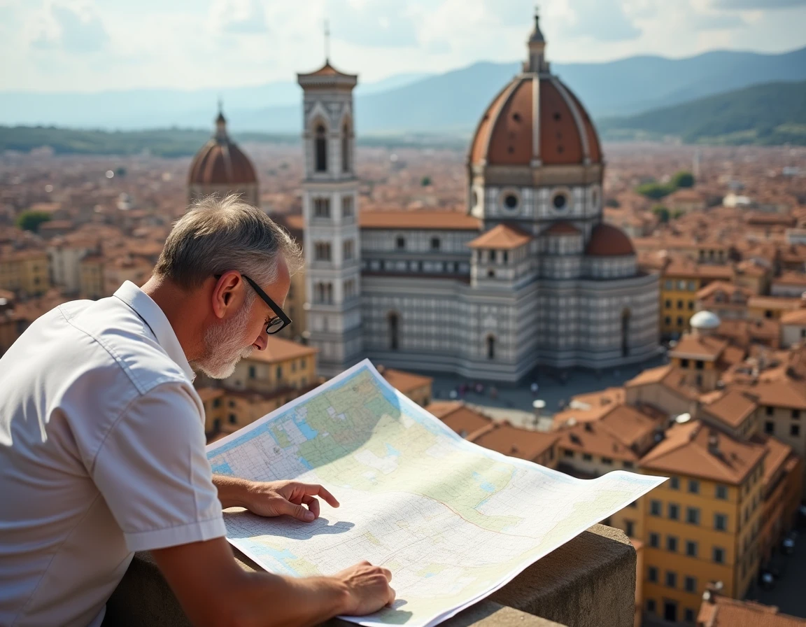 Homme étudiant une carte des quartiers historiques de Sienne depuis un belvédère avec vue sur la cathédrale et les toits en tuiles