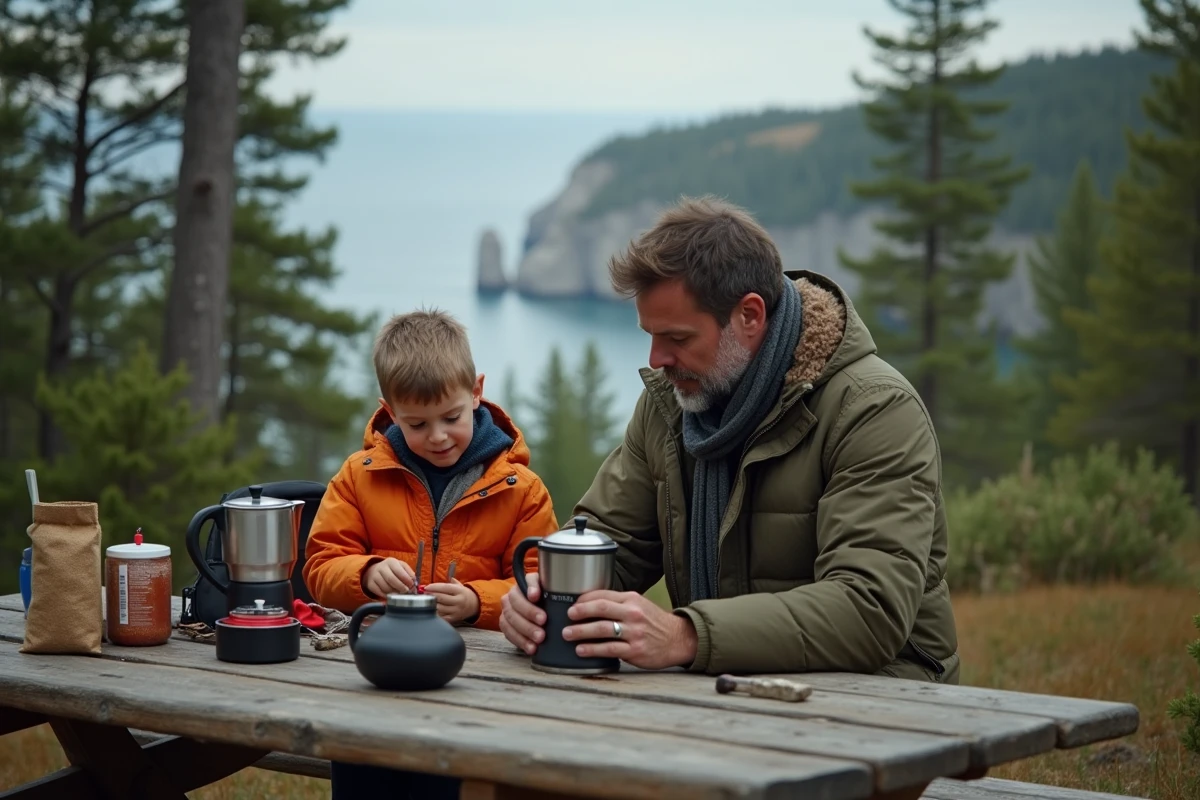 Pere et enfant préparant un café en camping en forêt