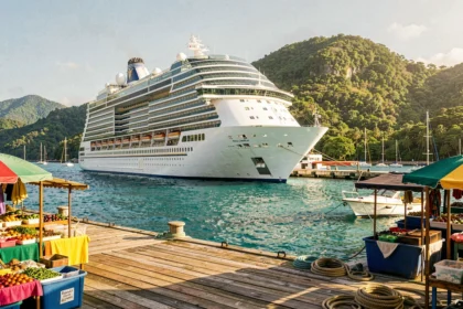 Paquebot Royal Caribbean amarré dans un port tropical avec eau turquoise et collines verdoyantes en arrière-plan