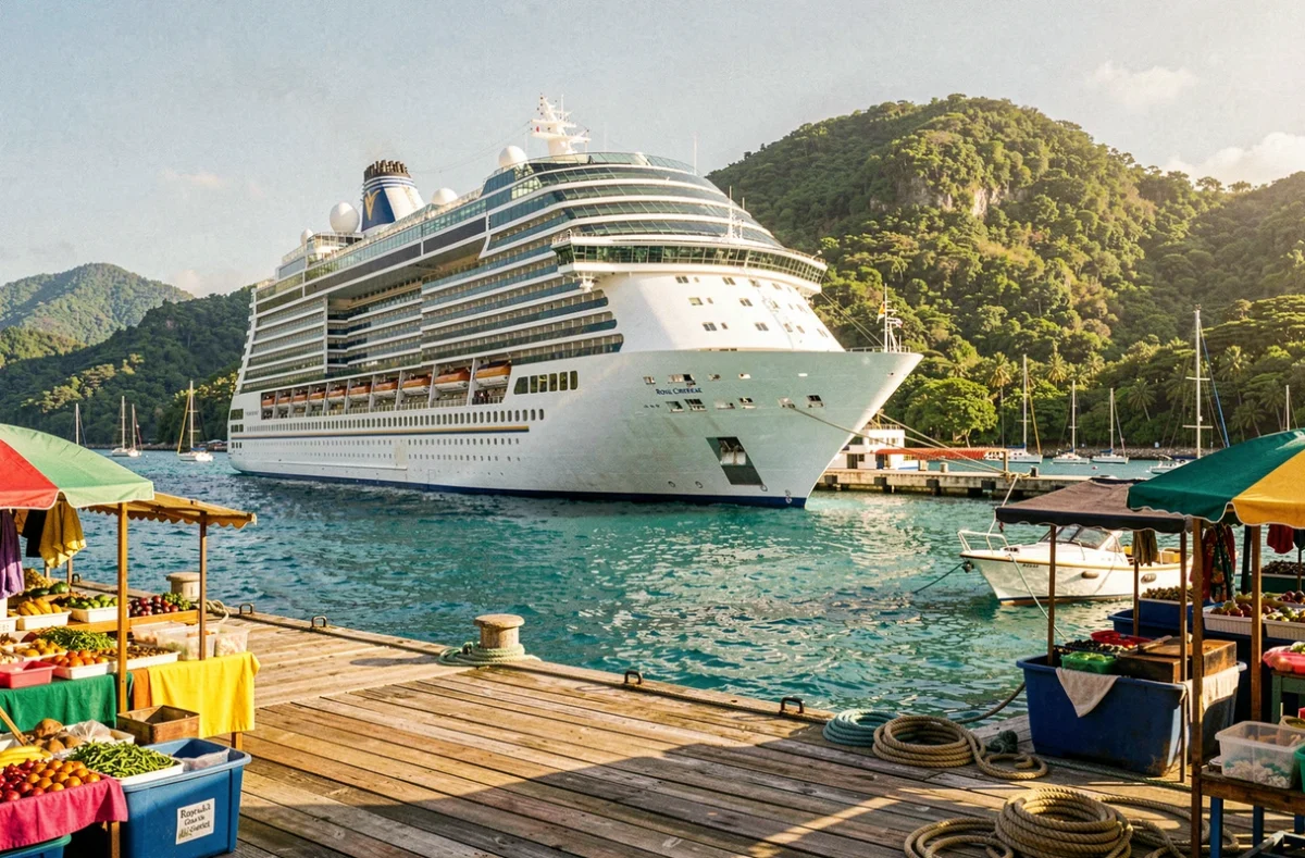 Paquebot Royal Caribbean amarré dans un port tropical avec eau turquoise et collines verdoyantes en arrière-plan